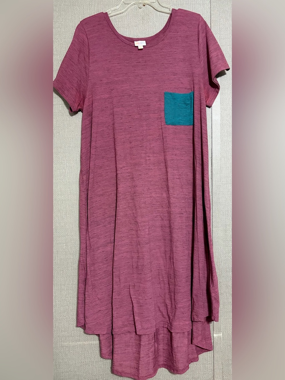 LuLaRoe Carly Swing Dress – Dark Pink with Dark Blue Chest Pocket